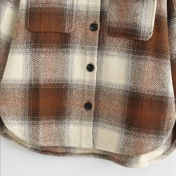 Boyfriend Fit Plaid Jacket Coat Brown Trucker - Picture 12 of 16